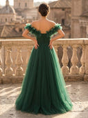 A Line Off Shoulder Sleeveless Long Evening Dresses with Flower
