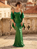 Mermaid Square Neck Sleeveless Long Evening Dresses with Cape