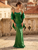 Mermaid Square Neck Sleeveless Long Evening Dresses with Cape