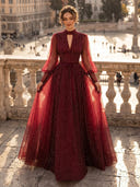 A Line Hollow Out High Neck Long Sleeves Evening Dresses