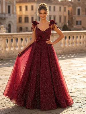 A Line V Neck Sleeveless Long Evening Dresses with Flower