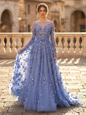 A Line Boat Neck Long Sleeves Evening Dresses with Flower