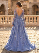 A Line Boat Neck Long Sleeves Evening Dresses with Flower