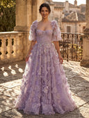 A Line Square Neck Short Sleeves Long Evening Dresses with Flower