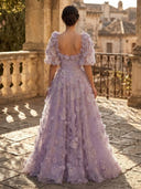 A Line Square Neck Short Sleeves Long Evening Dresses with Flower