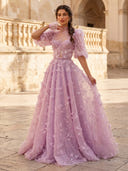A Line High Neck Short Sleeves Long Evening Dresses with Flower