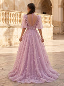 A Line High Neck Short Sleeves Long Evening Dresses with Flower