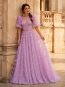 A Line High Neck Short Sleeves Long Evening Dresses with Flower