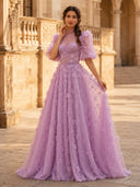 A Line High Neck Short Sleeves Long Evening Dresses with Flower