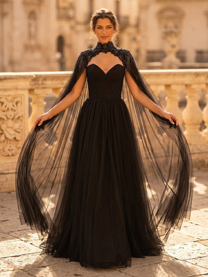 A Line Sweetheart Sleeveless Long Evening Dresses with Cape