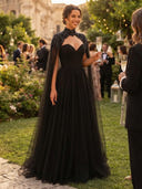 A Line Sweetheart Sleeveless Long Evening Dresses with Cape