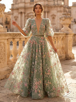 A Line Deep V Neck Half Sleeves Long Evening Dresses with Belt