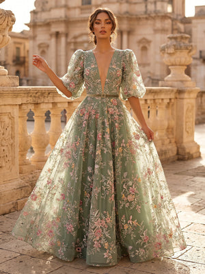 A Line Deep V Neck Half Sleeves Long Evening Dresses with Belt