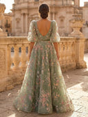 A Line Deep V Neck Half Sleeves Long Evening Dresses with Belt