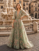 A Line Deep V Neck Half Sleeves Long Evening Dresses with Belt