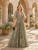 A Line Deep V Neck Half Sleeves Long Evening Dresses with Belt
