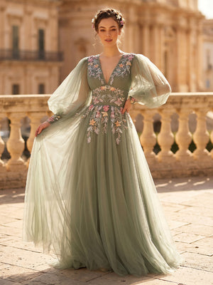 A Line Tulle Deep V Neck Long Sleeves Evening Dresses