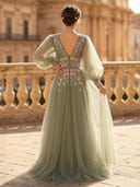 A Line Tulle Deep V Neck Long Sleeves Evening Dresses