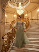 A Line Tulle Deep V Neck Long Sleeves Evening Dresses