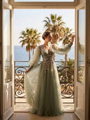 A Line Tulle Deep V Neck Long Sleeves Evening Dresses