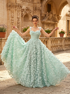 A Line Square Neck Sleeveless Long Evening Dresses with Flower