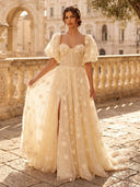 A Line Sweetheart Puffy Sleeves Long Evening Dresses with Slit