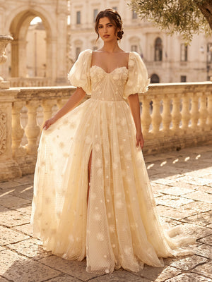 A Line Sweetheart Puffy Sleeves Long Evening Dresses with Slit