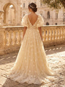 A Line Sweetheart Puffy Sleeves Long Evening Dresses with Slit