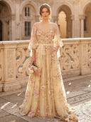 A Line High Neck 3/4 Sleeves Long Evening Dresses with Pockets