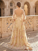 A Line High Neck 3/4 Sleeves Long Evening Dresses with Pockets
