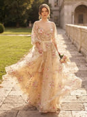 A Line High Neck 3/4 Sleeves Long Prom Dresses with Pockets