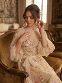 A Line High Neck 3/4 Sleeves Long Prom Dresses with Pockets