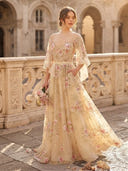 A Line High Neck 3/4 Sleeves Long Prom Dresses with Pockets