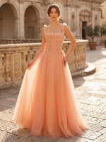 A Line Square Neck Sleeveless Long Evening Dresses with Flower