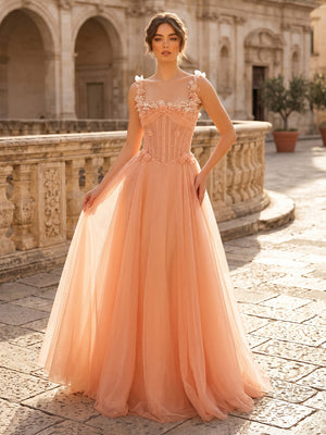 A Line Square Neck Sleeveless Long Evening Dresses with Flower
