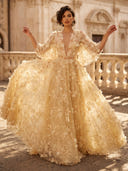 A Line Deep V Neck Half Sleeves Long Evening Dresses with Flower