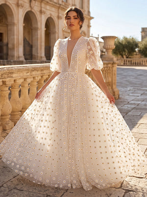 Tulle A Line Deep V Neck Puffy Sleeves Long Evening Dresses