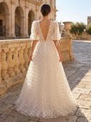 Tulle A Line Deep V Neck Puffy Sleeves Long Evening Dresses