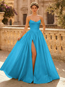 A Line Sweetheart Sleeveless Long Evening Dresses with Slit