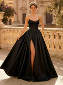 A Line Sweetheart Sleeveless Long Evening Dresses with Slit