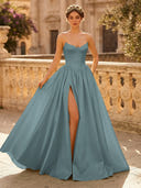 A Line Sweetheart Sleeveless Long Evening Dresses with Slit