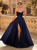A Line Sweetheart Sleeveless Long Evening Dresses with Slit