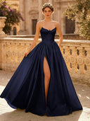 A Line Sweetheart Sleeveless Long Evening Dresses with Slit