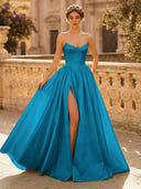 A Line Sweetheart Sleeveless Long Evening Dresses with Slit