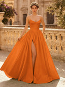 A Line Sweetheart Sleeveless Long Evening Dresses with Slit