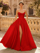 A Line Sweetheart Sleeveless Long Evening Dresses with Slit