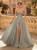 A Line Sweetheart Sleeveless Long Evening Dresses with Slit