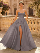 A Line Sweetheart Sleeveless Long Evening Dresses with Slit