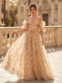 A Line Sweetheart Puffy Sleeves Long Evening Dresses with Bow