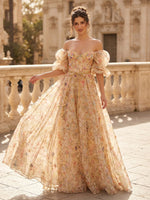 A Line Sweetheart Puffy Sleeves Long Evening Dresses with Bow
